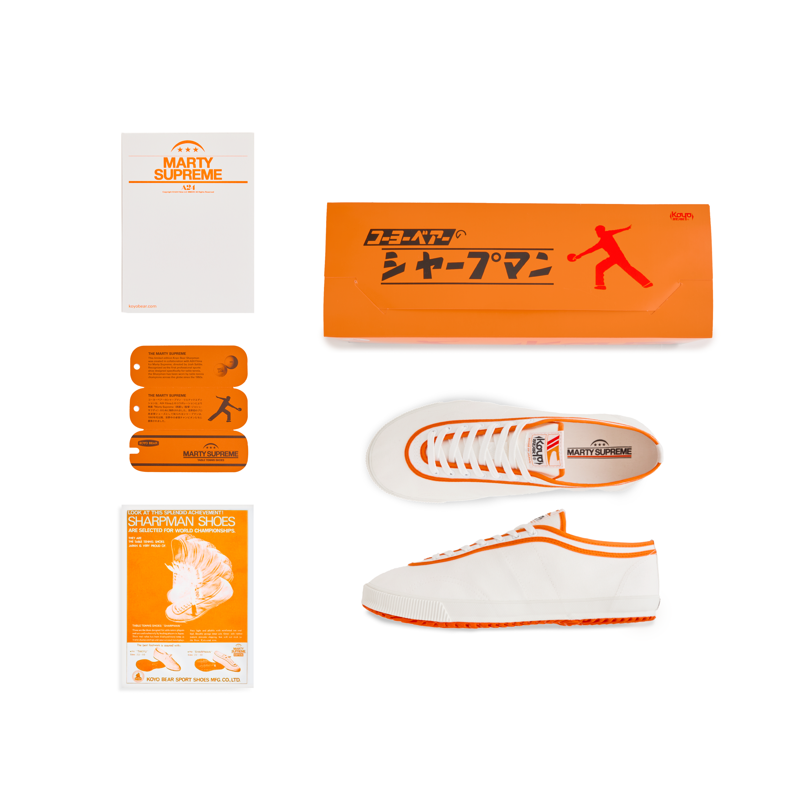 Set view of the orange Koyo Bear Sharpman Marty Supreme sneakers with red and blue trim, including the shoe box, hangtag, card and Marty Supreme A24 packaging.