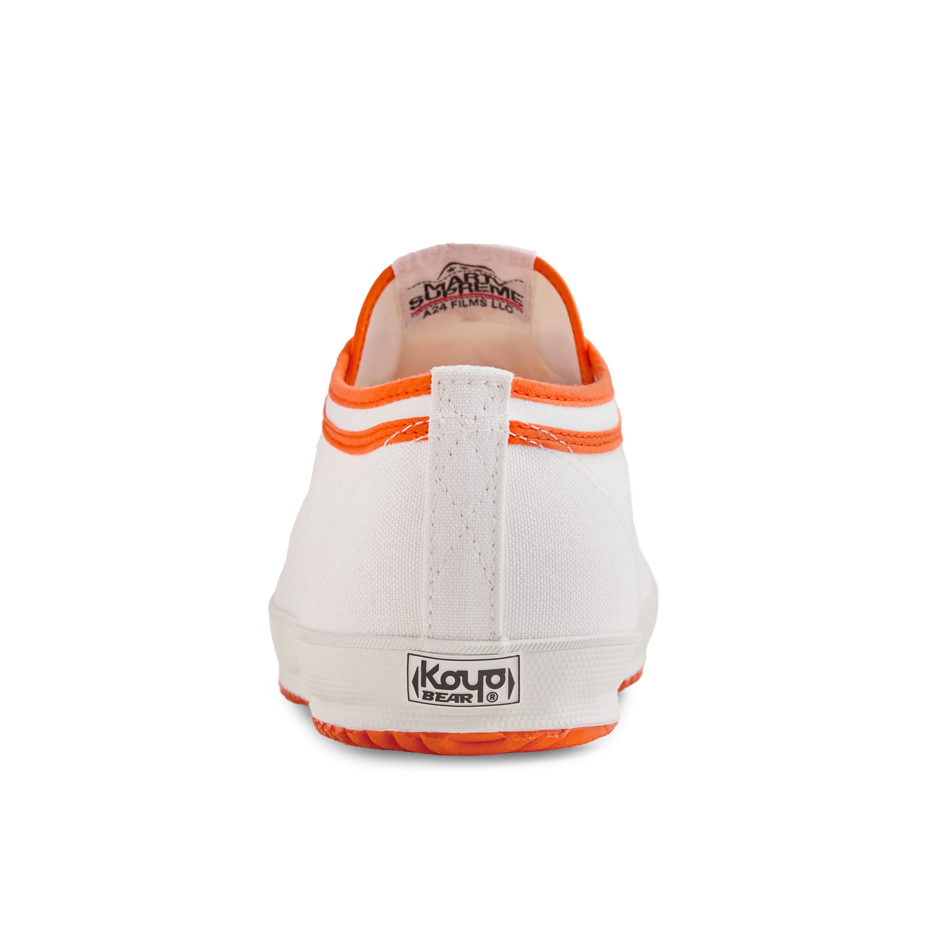 Back view of the orange version Koyo Bear Sharpman Marty Supreme sneakers with red and blue trim, showing the heel patch and rear branding.