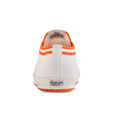 Back view of the orange version Koyo Bear Sharpman Marty Supreme sneakers with red and blue trim, showing the heel patch and rear branding.