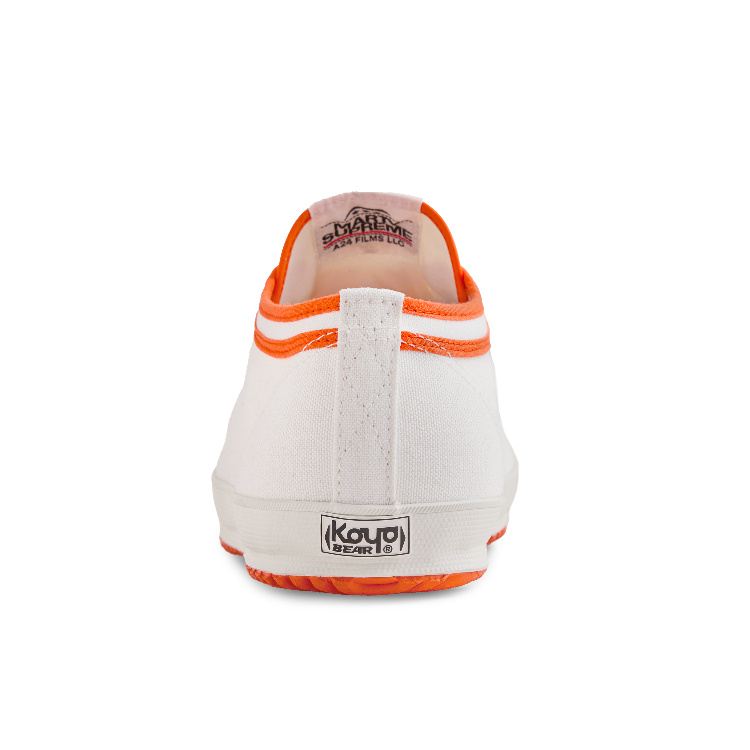 Back view of the orange version Koyo Bear Sharpman Marty Supreme sneakers with red and blue trim, showing the heel patch and rear branding.