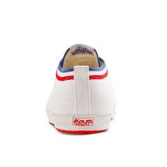 Back view of the white Koyo Bear Sharpman Marty Supreme sneakers with red and blue trim, showing the heel patch and rear branding.