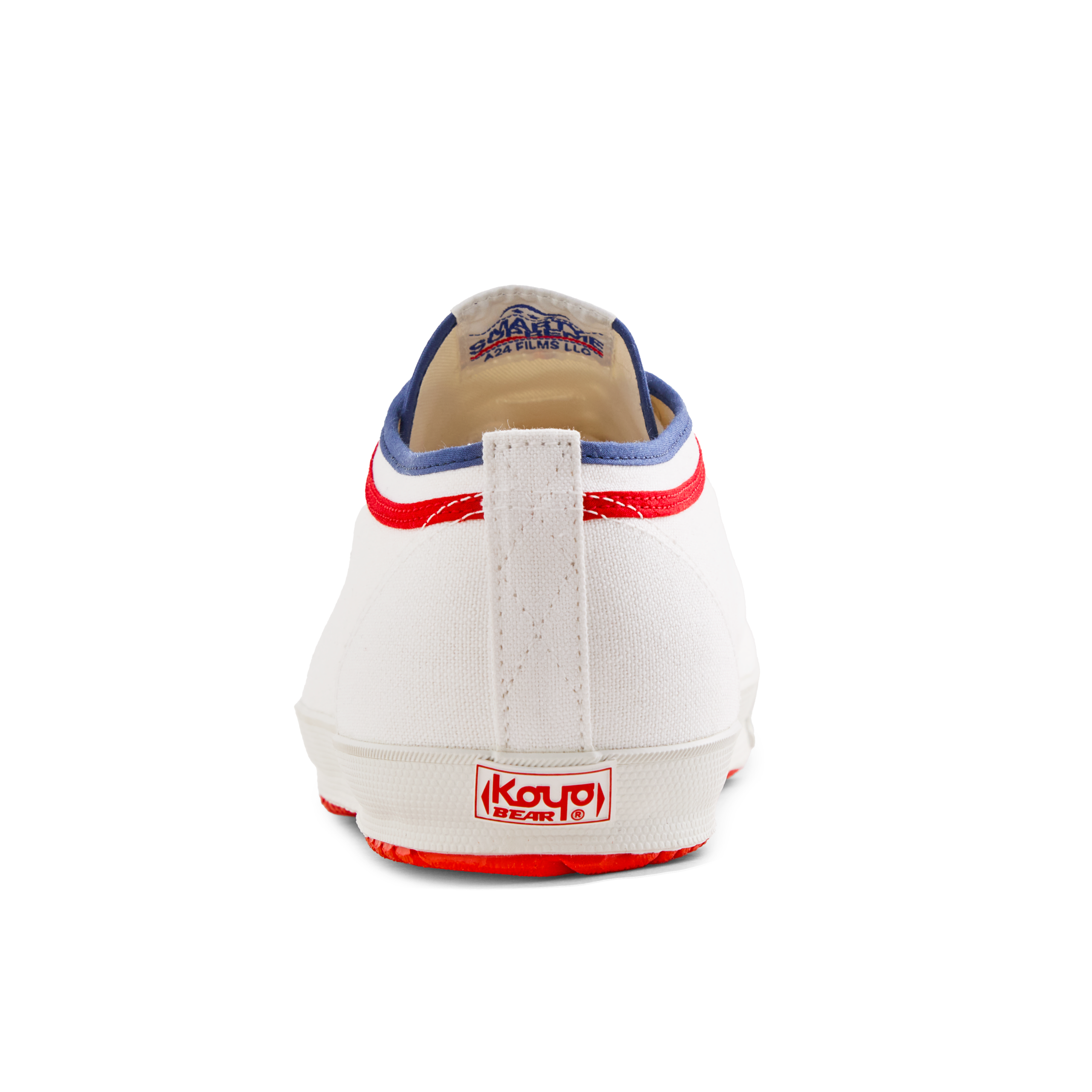 Back view of the white Koyo Bear Sharpman Marty Supreme sneakers with red and blue trim, showing the heel patch and rear branding.