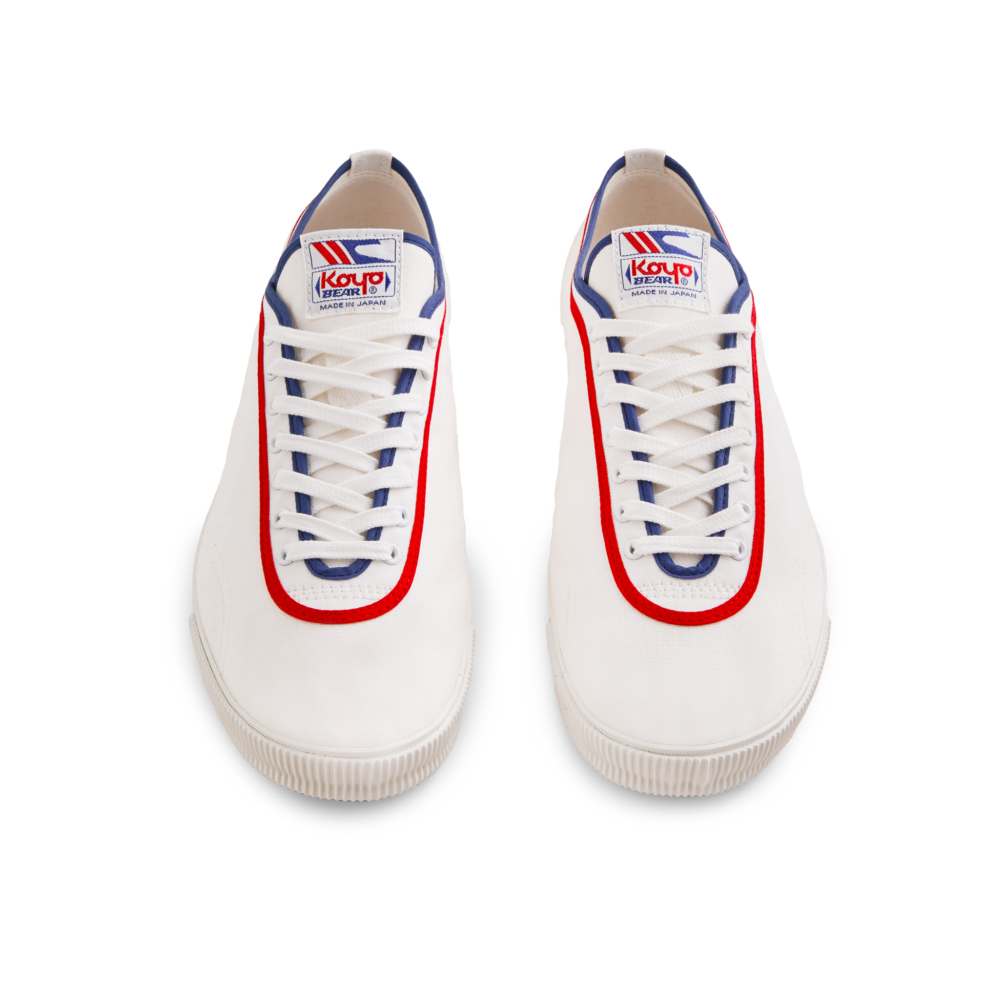 Front view of the white Koyo Bear Sharpman Marty Supreme sneakers with red and blue trim, shown as a matching pair.