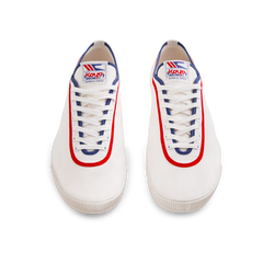 Front view of the white Koyo Bear Sharpman Marty Supreme sneakers with red and blue trim, shown as a matching pair.