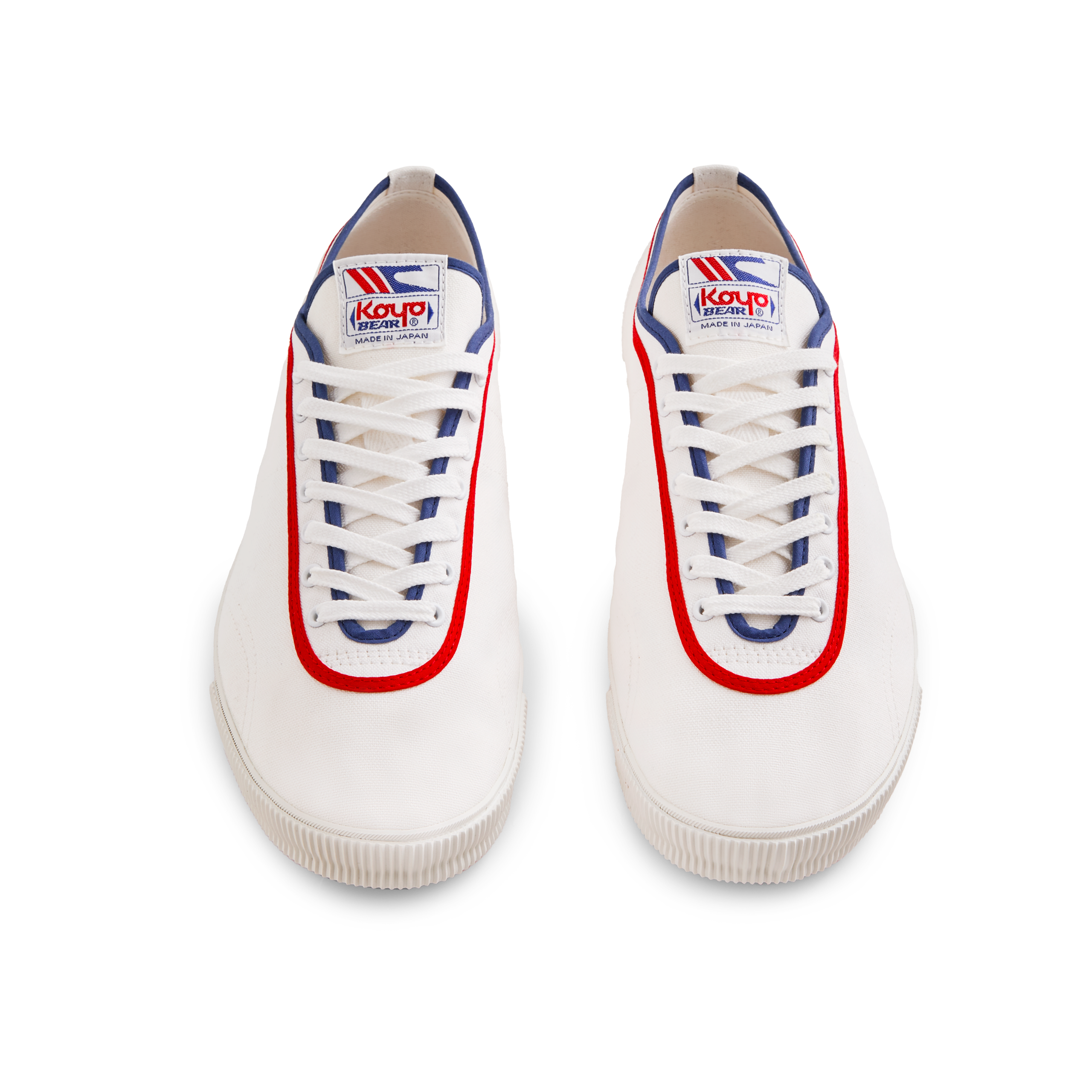 Front view of the white Koyo Bear Sharpman Marty Supreme sneakers with red and blue trim, shown as a matching pair.