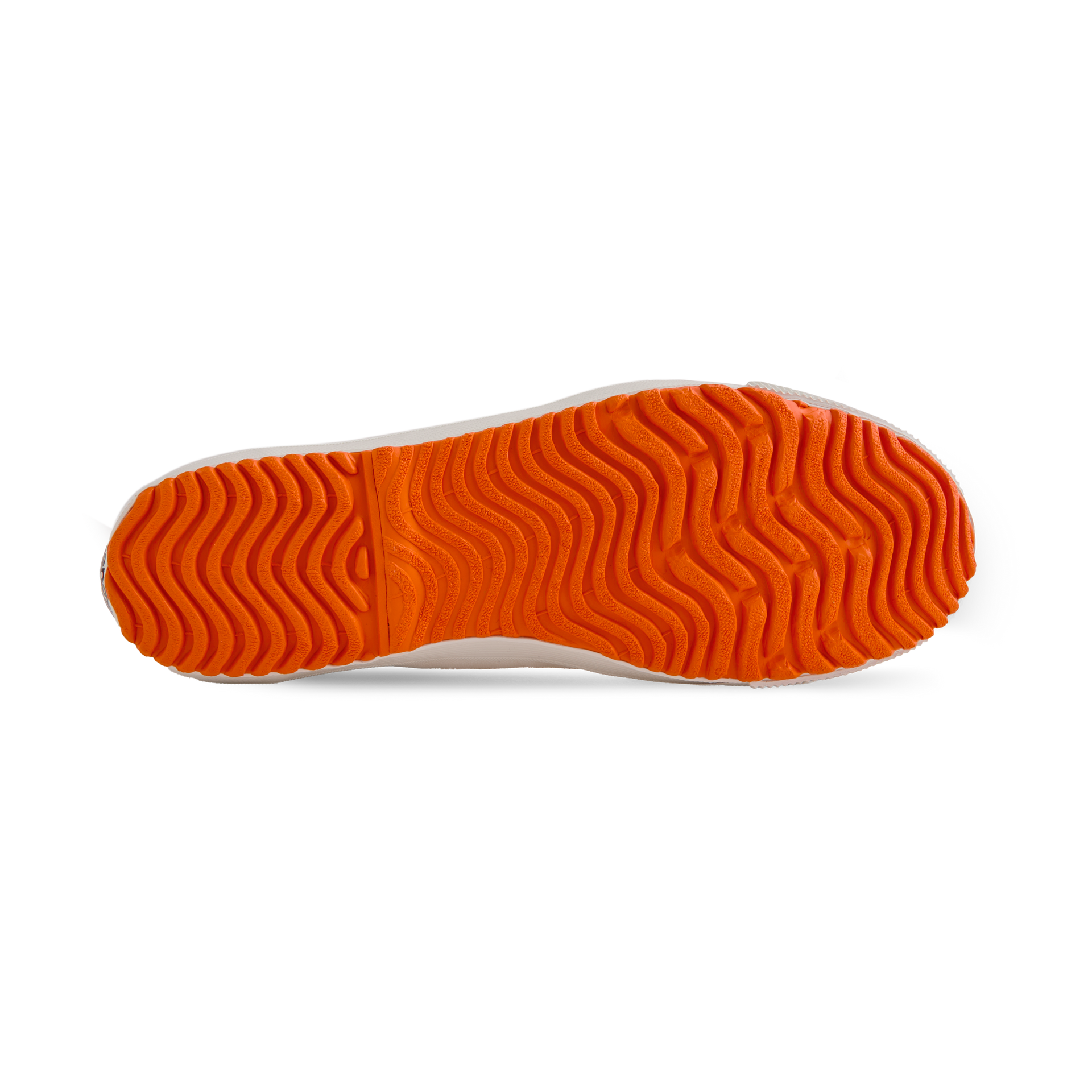 Sole view of the orange Koyo Bear Sharpman Marty Supreme sneakers with red and blue trim, featuring the vulcanised rubber outsole.