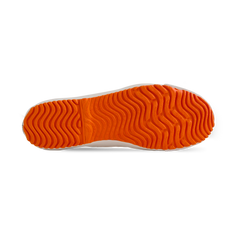 Sole view of the orange Koyo Bear Sharpman Marty Supreme sneakers with red and blue trim, featuring the vulcanised rubber outsole.