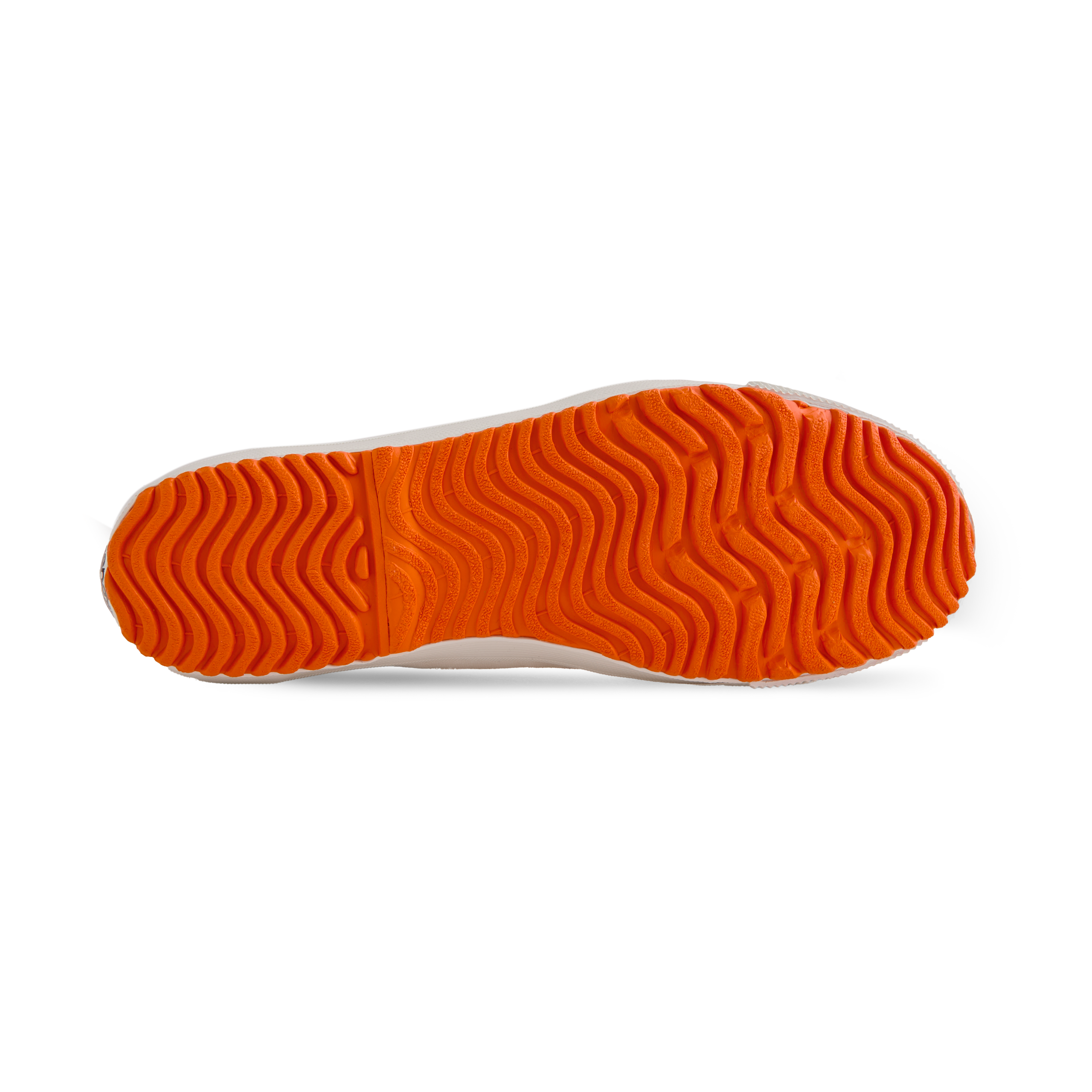 Sole view of the orange Koyo Bear Sharpman Marty Supreme sneakers with red and blue trim, featuring the vulcanised rubber outsole.