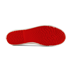 Sole view of the white Koyo Bear Sharpman Marty Supreme sneakers with red and blue trim, featuring the vulcanised rubber outsole.