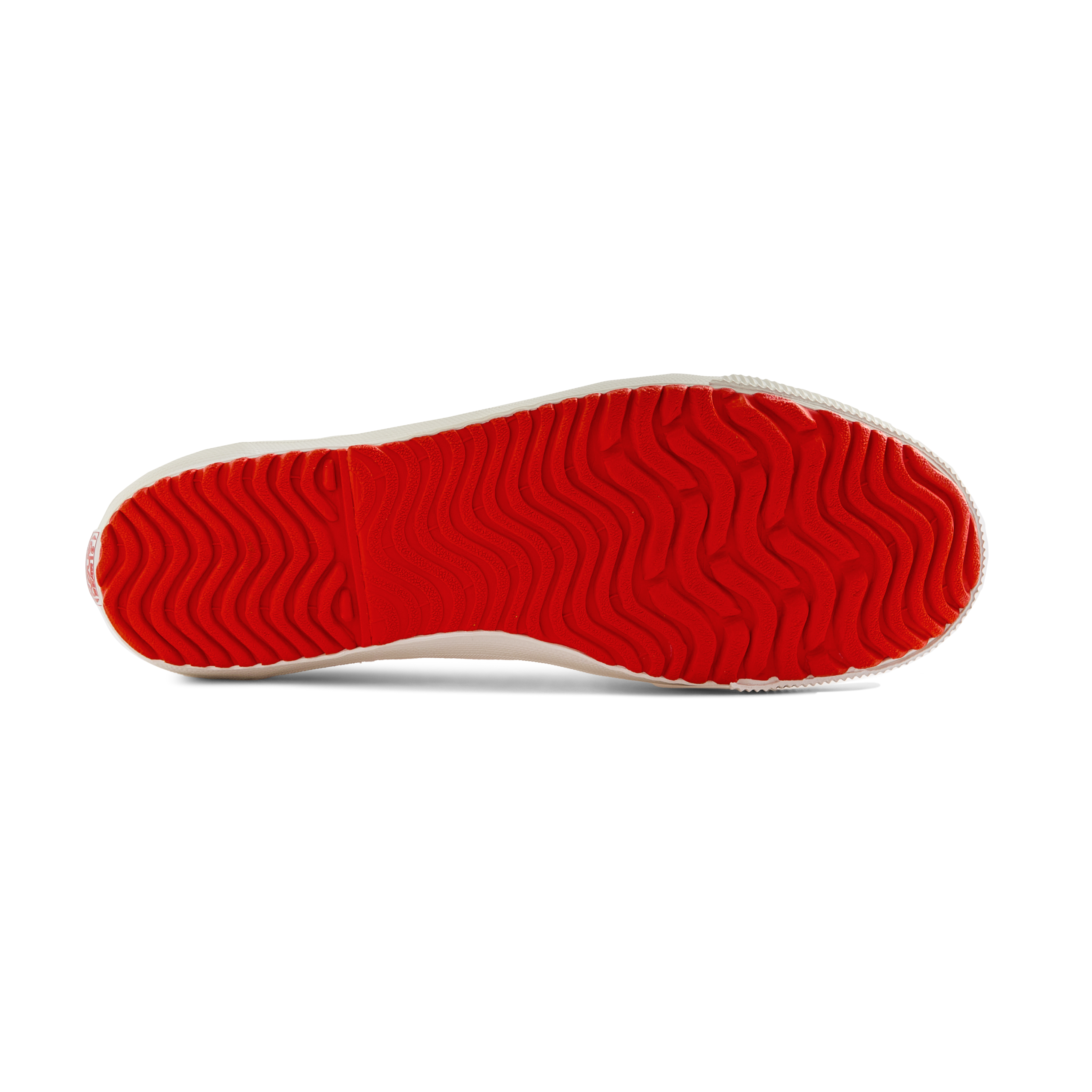 Sole view of the white Koyo Bear Sharpman Marty Supreme sneakers with red and blue trim, featuring the vulcanised rubber outsole.