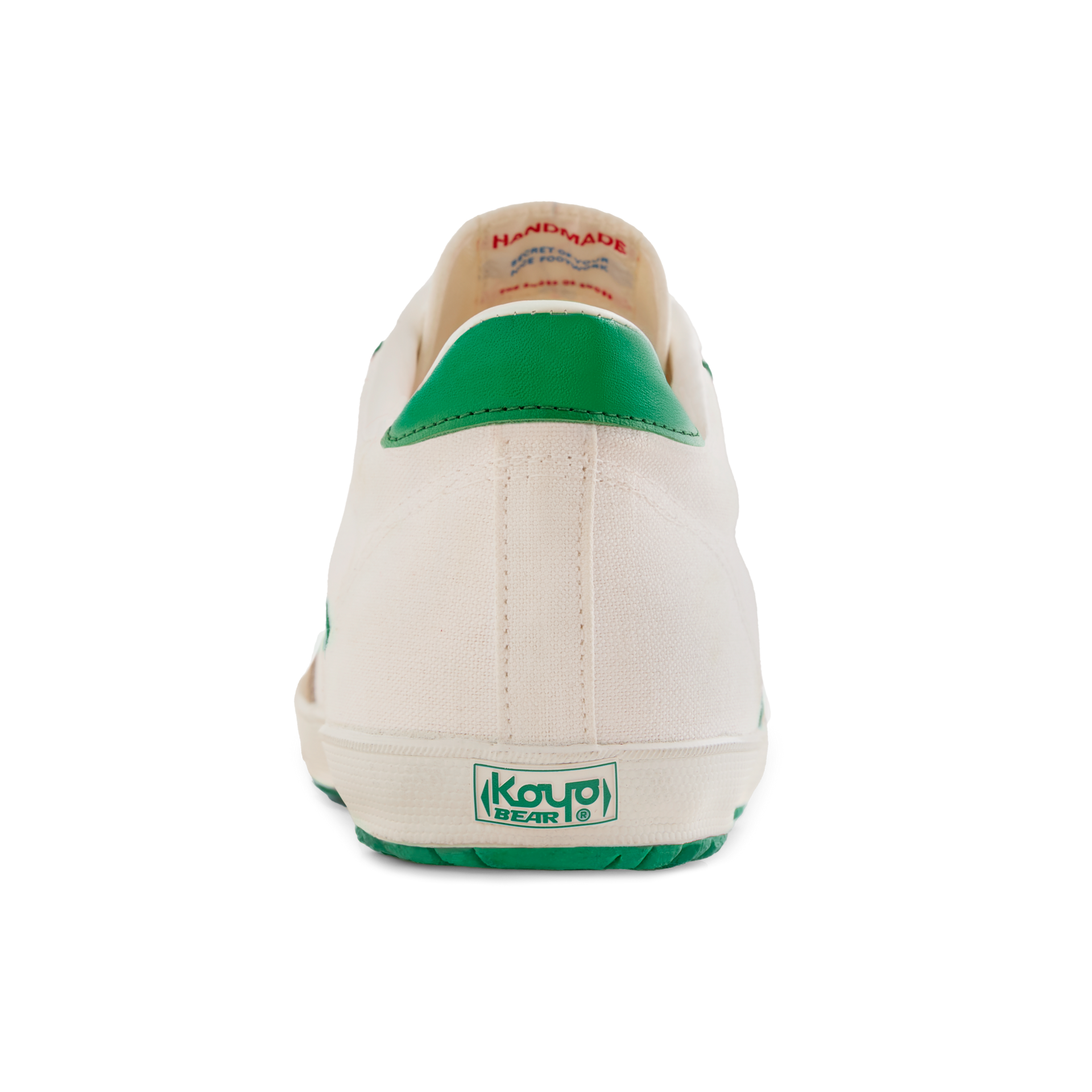 Back view of the Koyo Bear Sharpman Nimble Green sneakers showing the green heel tab and Koyo Bear logo on the vulcanised sole.