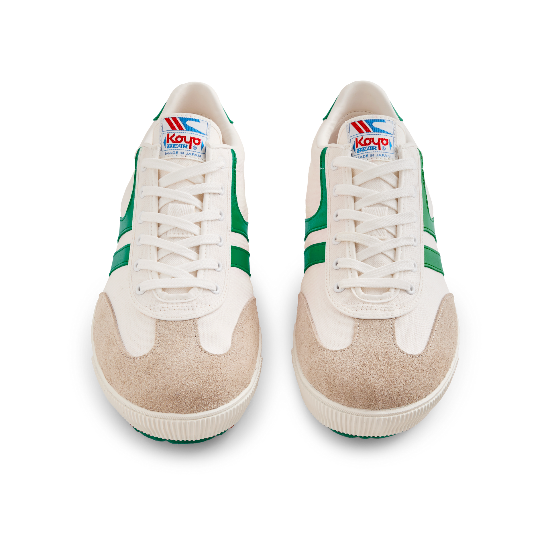 Front view of the Koyo Bear Sharpman Nimble Green sneakers in white canvas with green stripes and suede toe caps, shown as a matching pair.