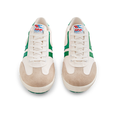 Front view of the Koyo Bear Sharpman Nimble Green sneakers in white canvas with green stripes and suede toe caps, shown as a matching pair.