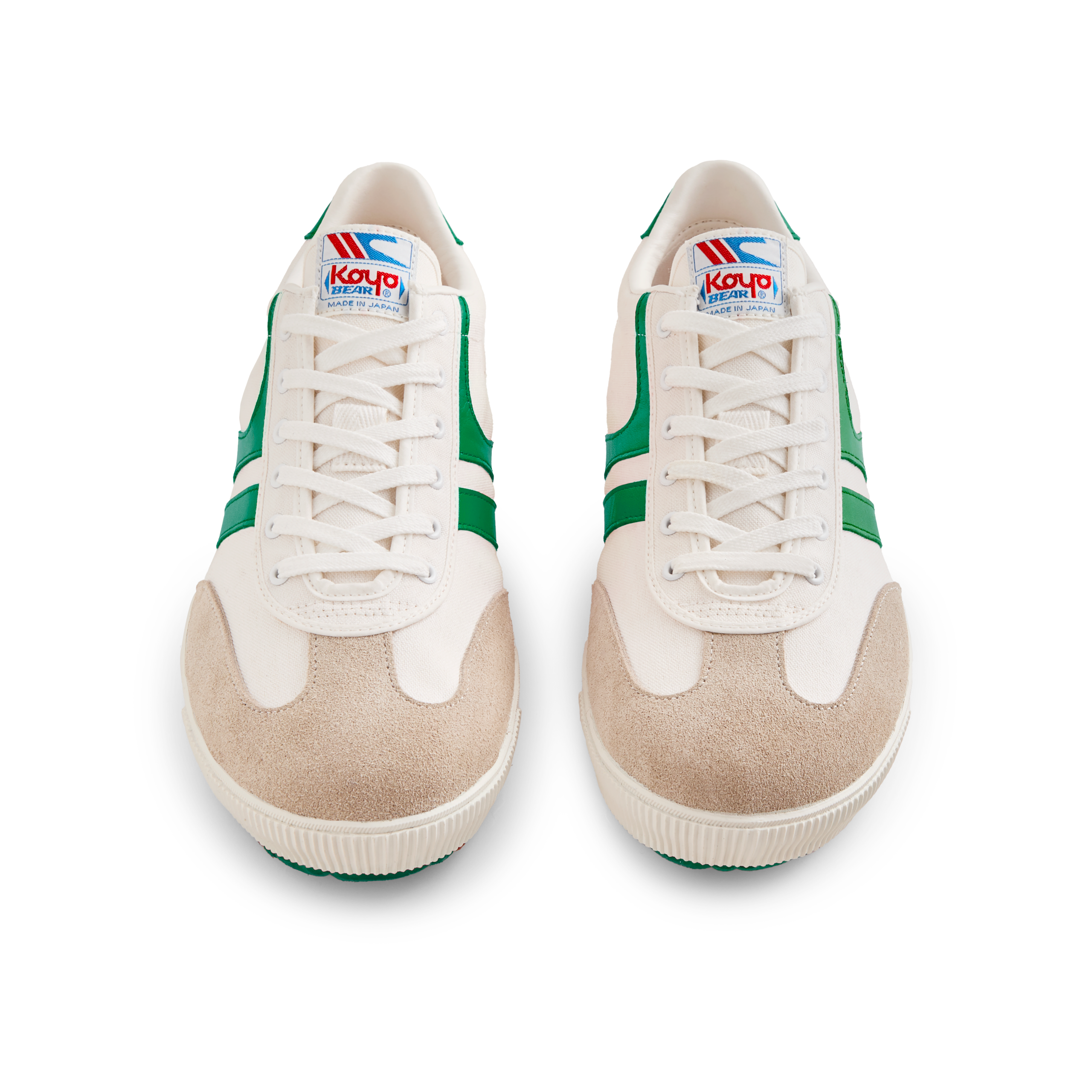 Front view of the Koyo Bear Sharpman Nimble Green sneakers in white canvas with green stripes and suede toe caps, shown as a matching pair.