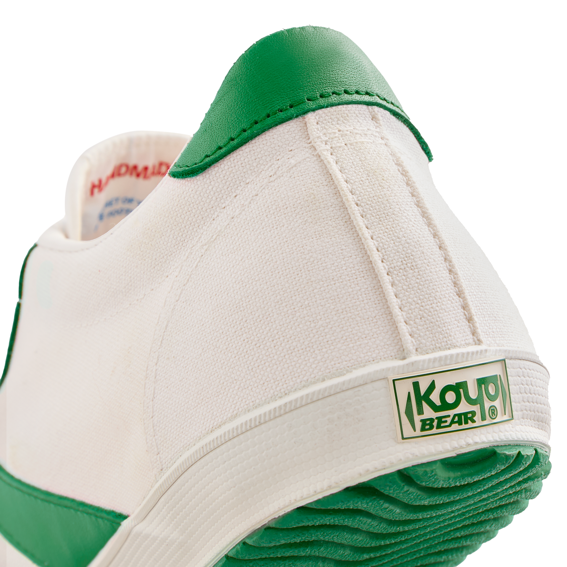 Back view of the Koyo Bear Sharpman Nimble Green sneakers showing the heel logo and green vulcanised outsole on the Made in Japan canvas upper.