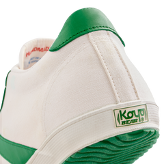 Back view of the Koyo Bear Sharpman Nimble Green sneakers showing the heel logo and green vulcanised outsole on the Made in Japan canvas upper.