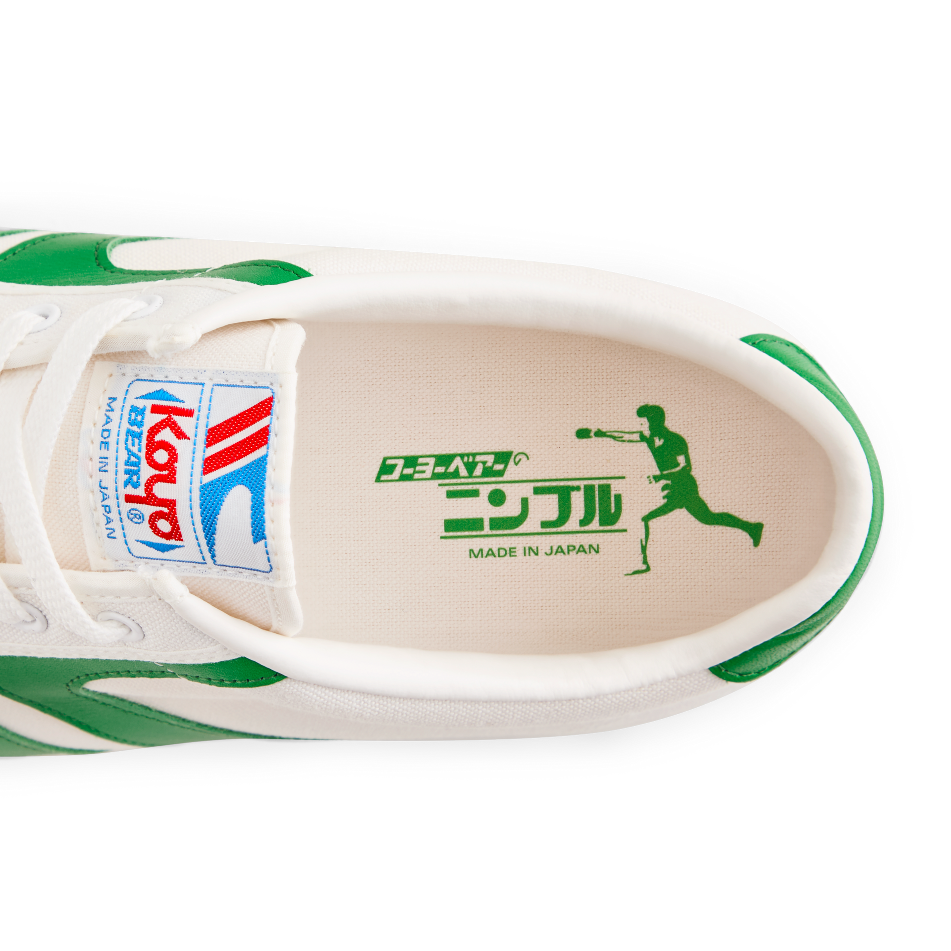 Top view of the insole inside the Koyo Bear Sharpman Nimble Green sneakers showing the table tennis player graphic and Made in Japan branding.