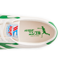 Top view of the insole inside the Koyo Bear Sharpman Nimble Green sneakers showing the table tennis player graphic and Made in Japan branding.