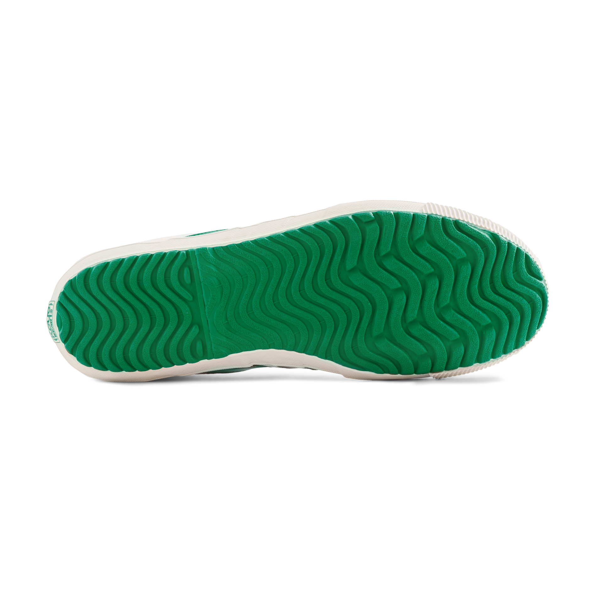 Bottom view of the green vulcanised outsole on the Koyo Bear Sharpman Nimble Green sneakers, showing the wave-pattern grip designed for agile footwork.