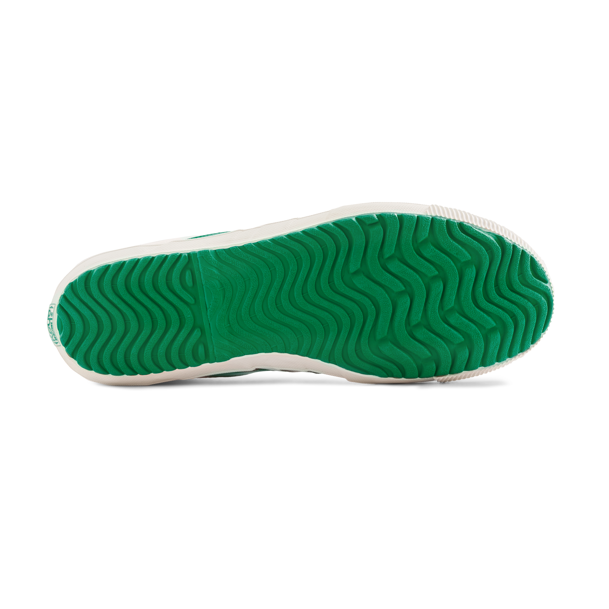 Bottom view of the green vulcanised outsole on the Koyo Bear Sharpman Nimble Green sneakers, showing the wave-pattern grip designed for agile footwork.