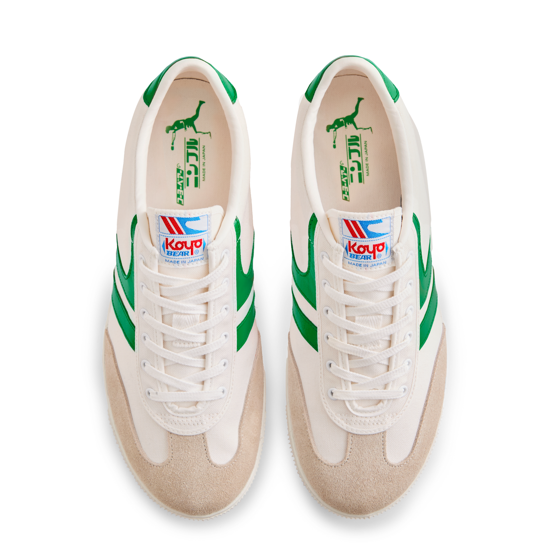 Top view of the Koyo Bear Sharpman Nimble Green sneakers in white canvas with green stripes, shown as a matching pair with Made in Japan branding visible on the insole.