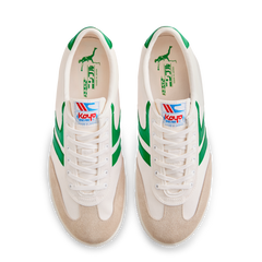 Top view of the Koyo Bear Sharpman Nimble Green sneakers in white canvas with green stripes, shown as a matching pair with Made in Japan branding visible on the insole.