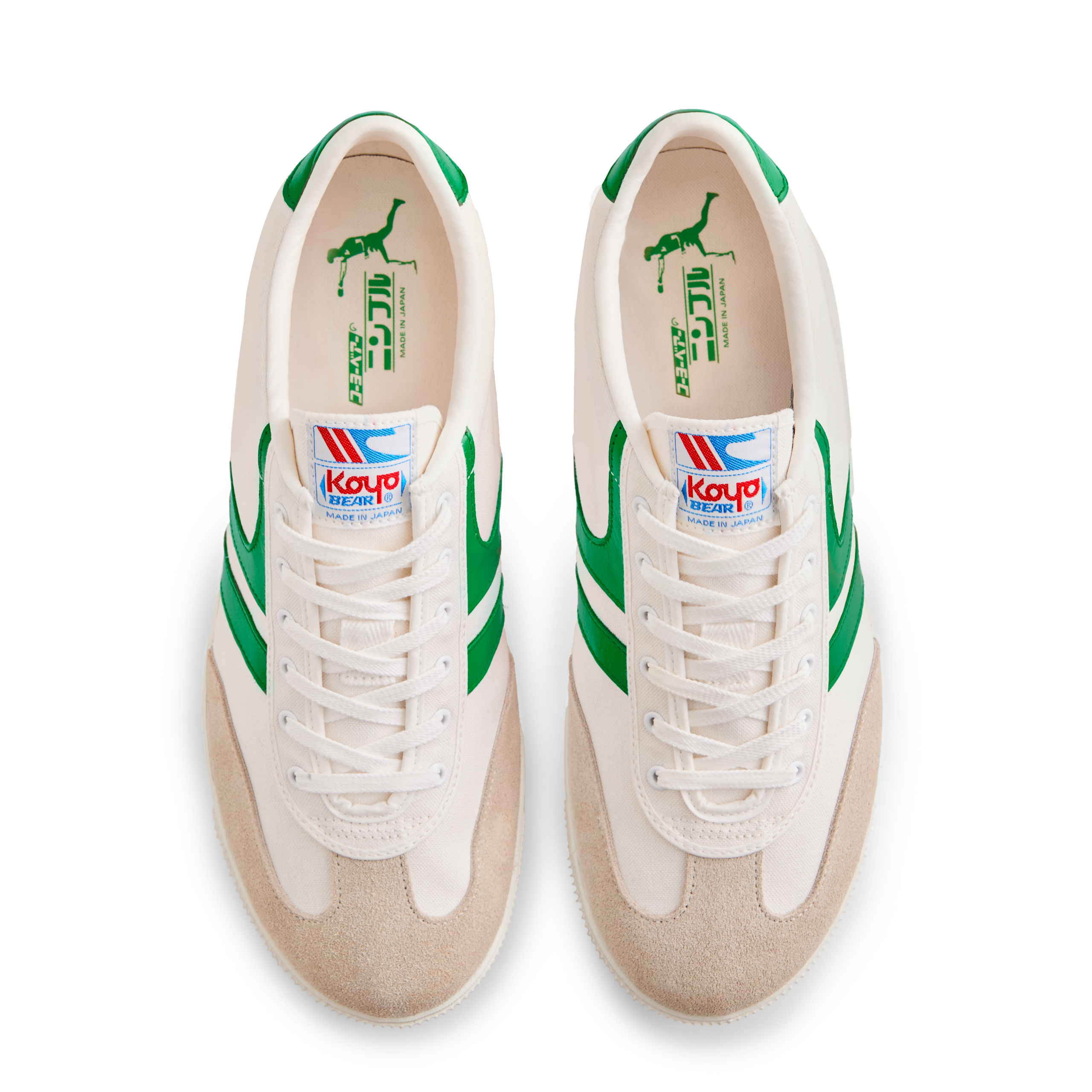 Top view of the Koyo Bear Sharpman Nimble Green sneakers in white canvas with green stripes, shown as a matching pair with Made in Japan branding visible on the insole.