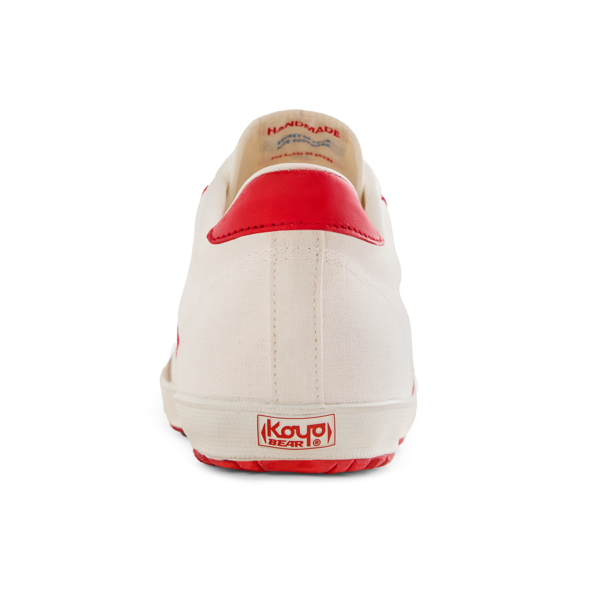 Back view of the Koyo Bear Sharpman Nimble Red sneakers showing the red heel tab and Koyo Bear logo on the vulcanised sole.