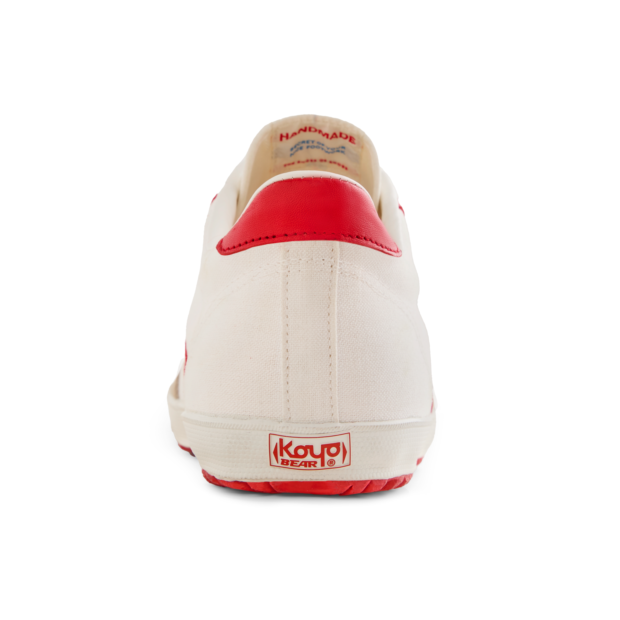 Back view of the Koyo Bear Sharpman Nimble Red sneakers showing the red heel tab and Koyo Bear logo on the vulcanised sole.