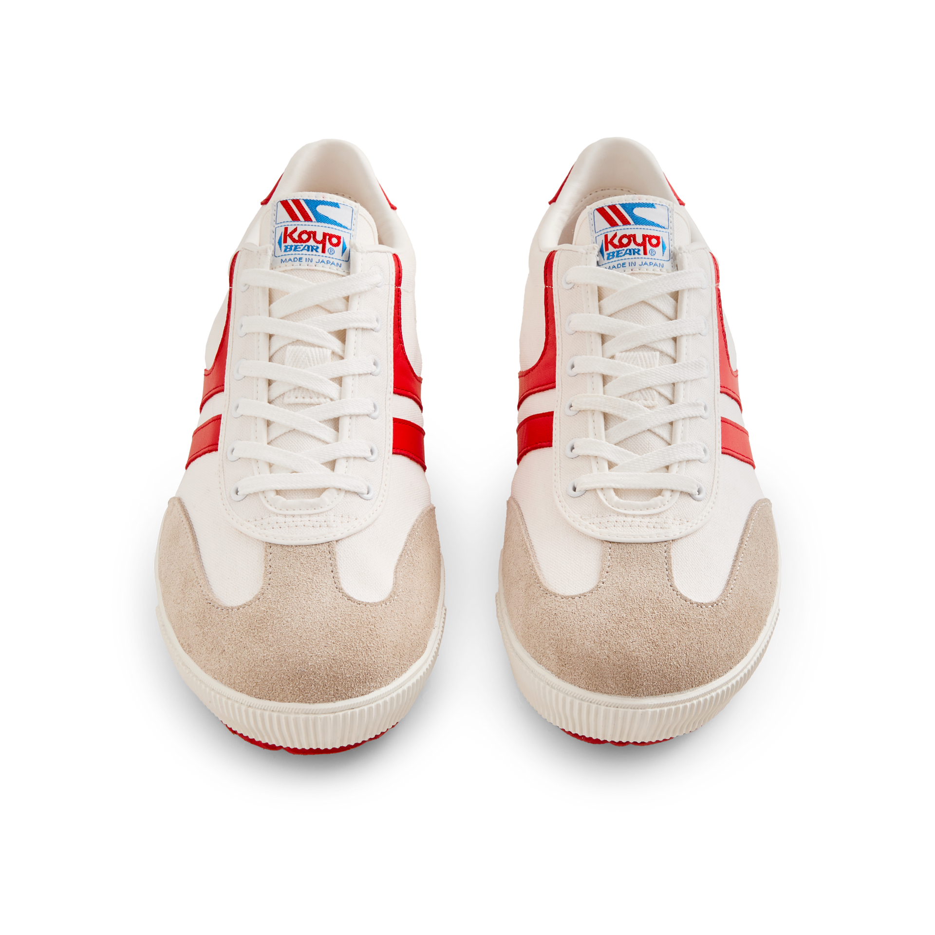 Front view of the Koyo Bear Sharpman Nimble Red sneakers in white canvas with red stripes and suede toe caps, shown as a matching pair.