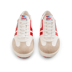 Front view of the Koyo Bear Sharpman Nimble Red sneakers in white canvas with red stripes and suede toe caps, shown as a matching pair.