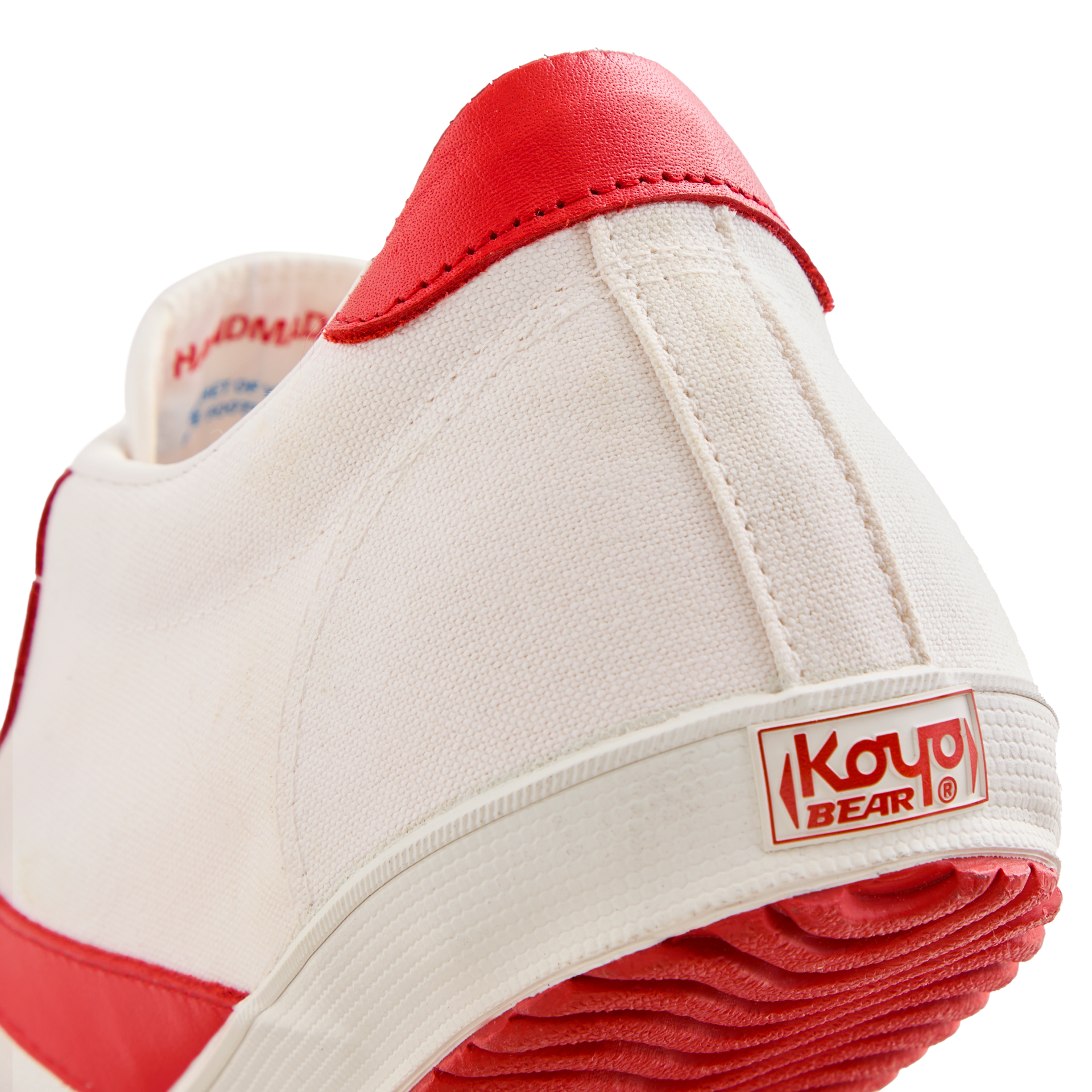 Back view of the Koyo Bear Sharpman Nimble Red sneakers showing the heel logo and red vulcanised outsole on the Made in Japan canvas upper.