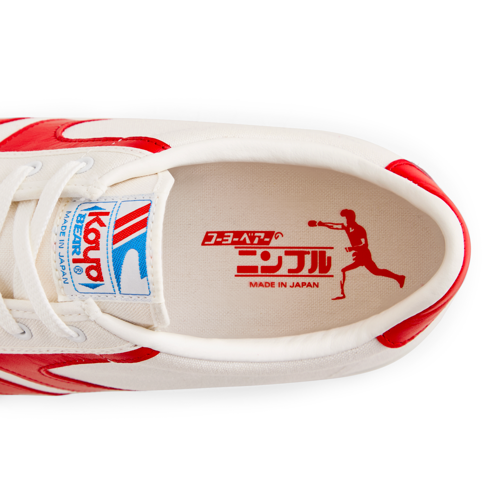 Top view of the insole inside the Koyo Bear Sharpman Nimble Red sneakers showing the table tennis player graphic and Made in Japan branding.