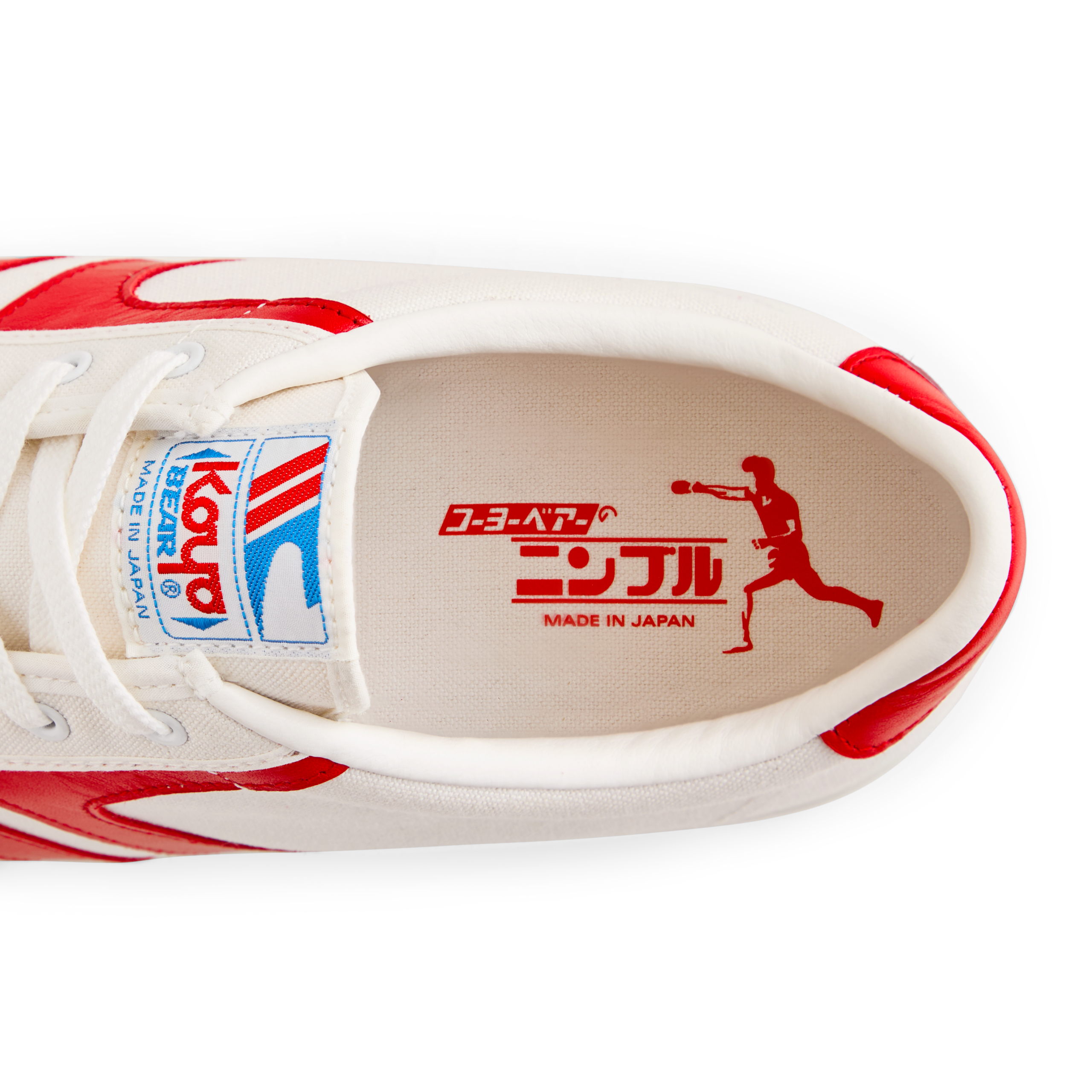 Top view of the insole inside the Koyo Bear Sharpman Nimble Red sneakers showing the table tennis player graphic and Made in Japan branding.