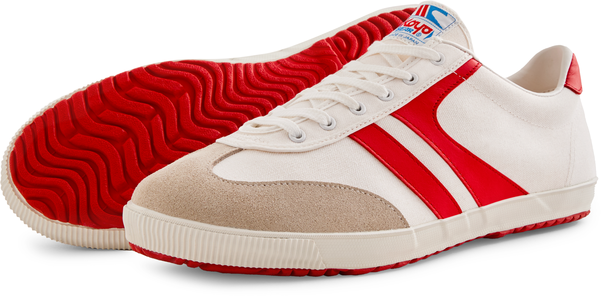 Side view of the Koyo Bear Sharpman Nimble red sneakers in white canvas with green stripes and green vulcanised sole, highlighting the low-profile design and lightweight silhouette.