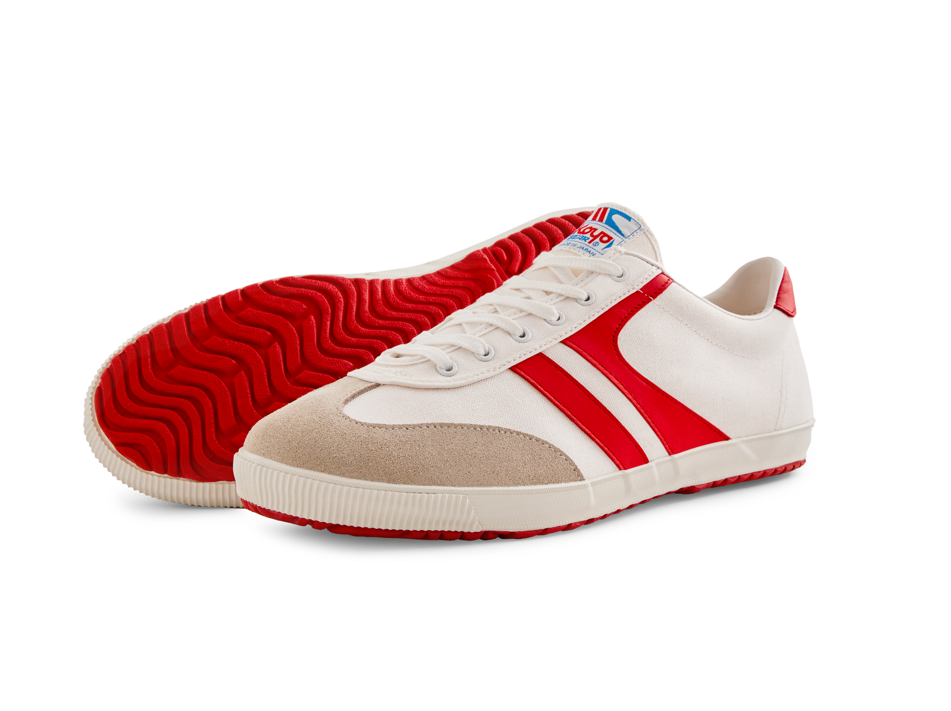 Side and sole view of the Koyo Bear Sharpman Nimble Red sneakers in white canvas with red stripes and red vulcanised outsole, showing the low-profile lightweight design.