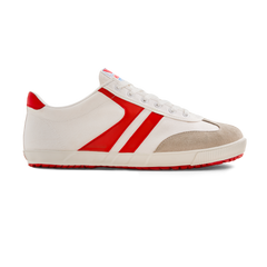 Side view of the Koyo Bear Sharpman Nimble Red sneaker in white canvas with red stripes and suede toe cap, featuring the low-profile lightweight design.