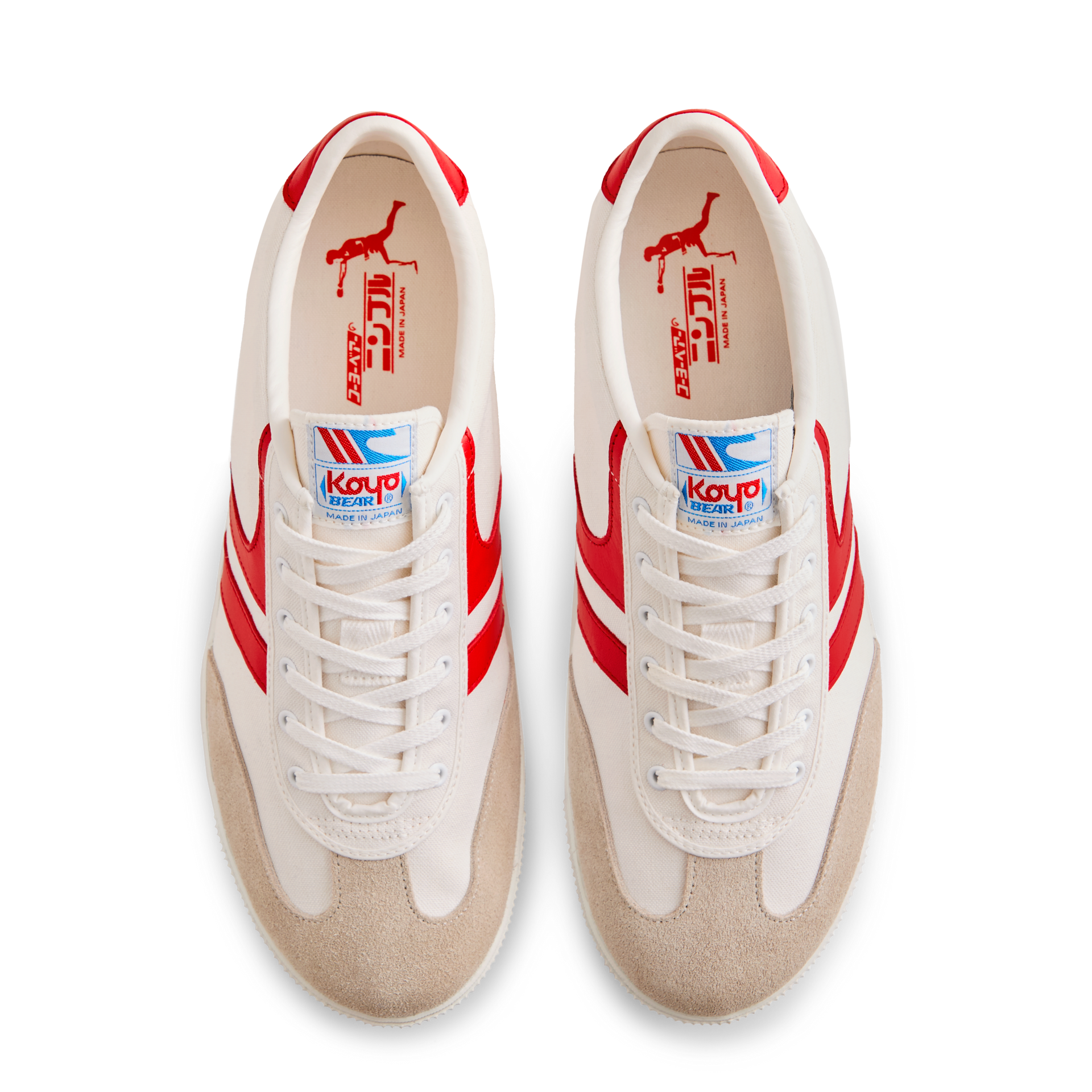 Top view of the Koyo Bear Sharpman Nimble Red sneakers in white canvas with red stripes, shown as a matching pair with Made in Japan branding visible on the insole.
