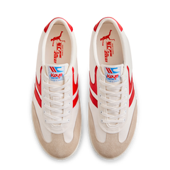 Top view of the Koyo Bear Sharpman Nimble Red sneakers in white canvas with red stripes, shown as a matching pair with Made in Japan branding visible on the insole.