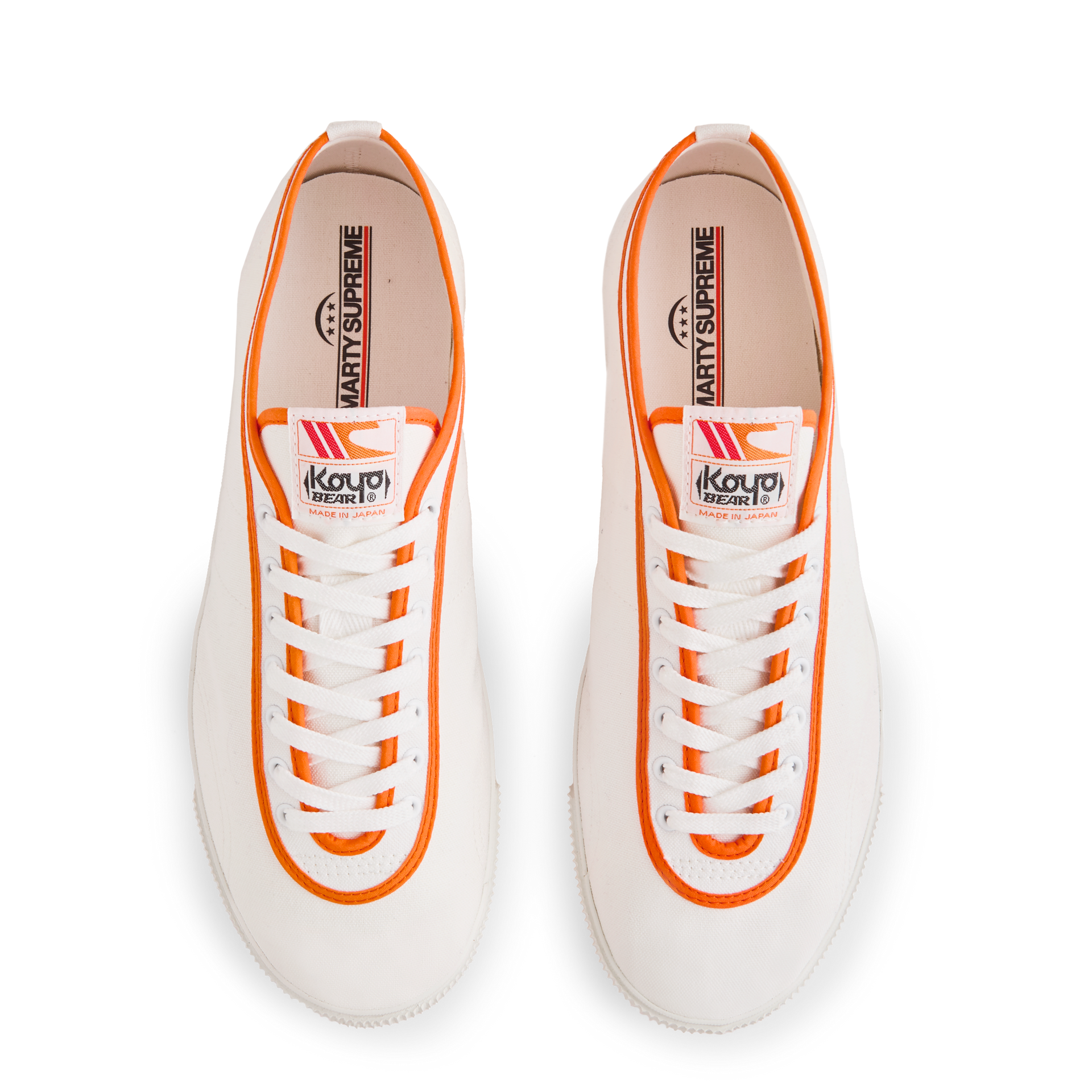 Top view of the white Koyo Bear Sharpman Marty Supreme sneakers with blue center stripe and red trim, made in Japan for the A24 Films collaboration.