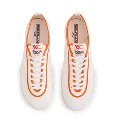 Top view of the white Koyo Bear Sharpman Marty Supreme sneakers with blue center stripe and red trim, made in Japan for the A24 Films collaboration.