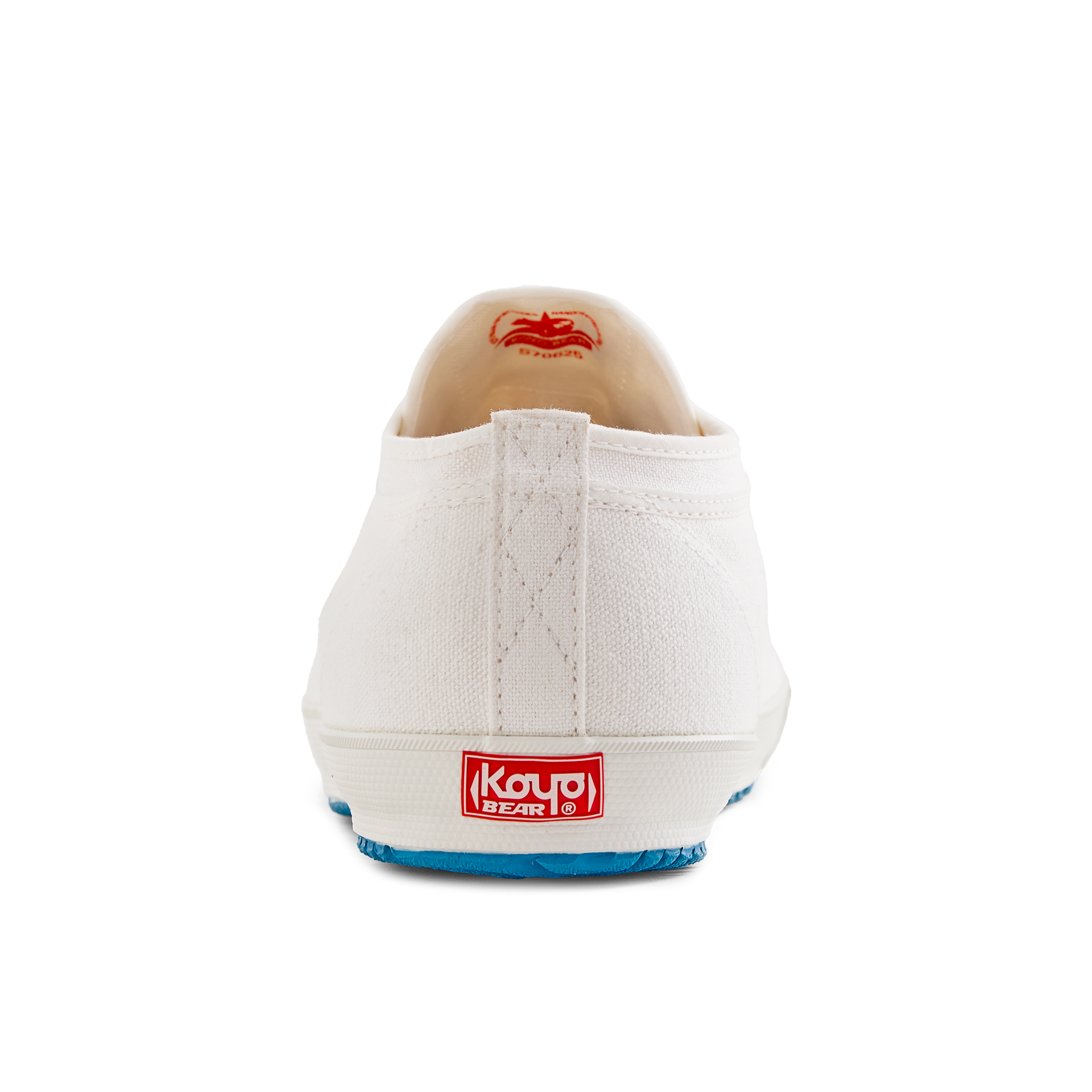 Back view of the handmade Koyo Bear Sharpman White Trim canvas sneakers, made in Japan, showing the heel pull tab and classic branding of the original table tennis shoe.