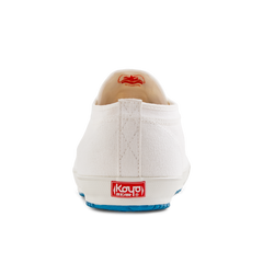 Back view of the handmade Koyo Bear Sharpman White Trim canvas sneakers, made in Japan, showing the heel pull tab and classic branding of the original table tennis shoe.