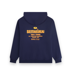 Back view of the navy Koyo Bear Team SEITAKUKAI hoodie with the yellow table tennis club print celebrating the 1982 All-Japan champions in Nagano.