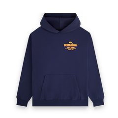 Front view of the navy Koyo Bear Team SEITAKUKAI hoodie featuring the yellow table tennis club logo from the 1982 Nagano champions.