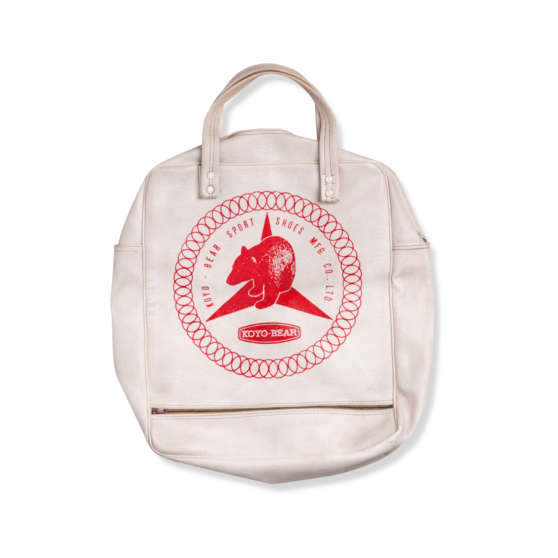 Koyo Bear beige backpack with red Koyo Bear Logo on a white background