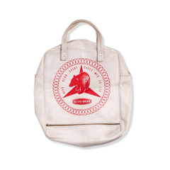 Koyo Bear beige backpack with red Koyo Bear Logo on a white background